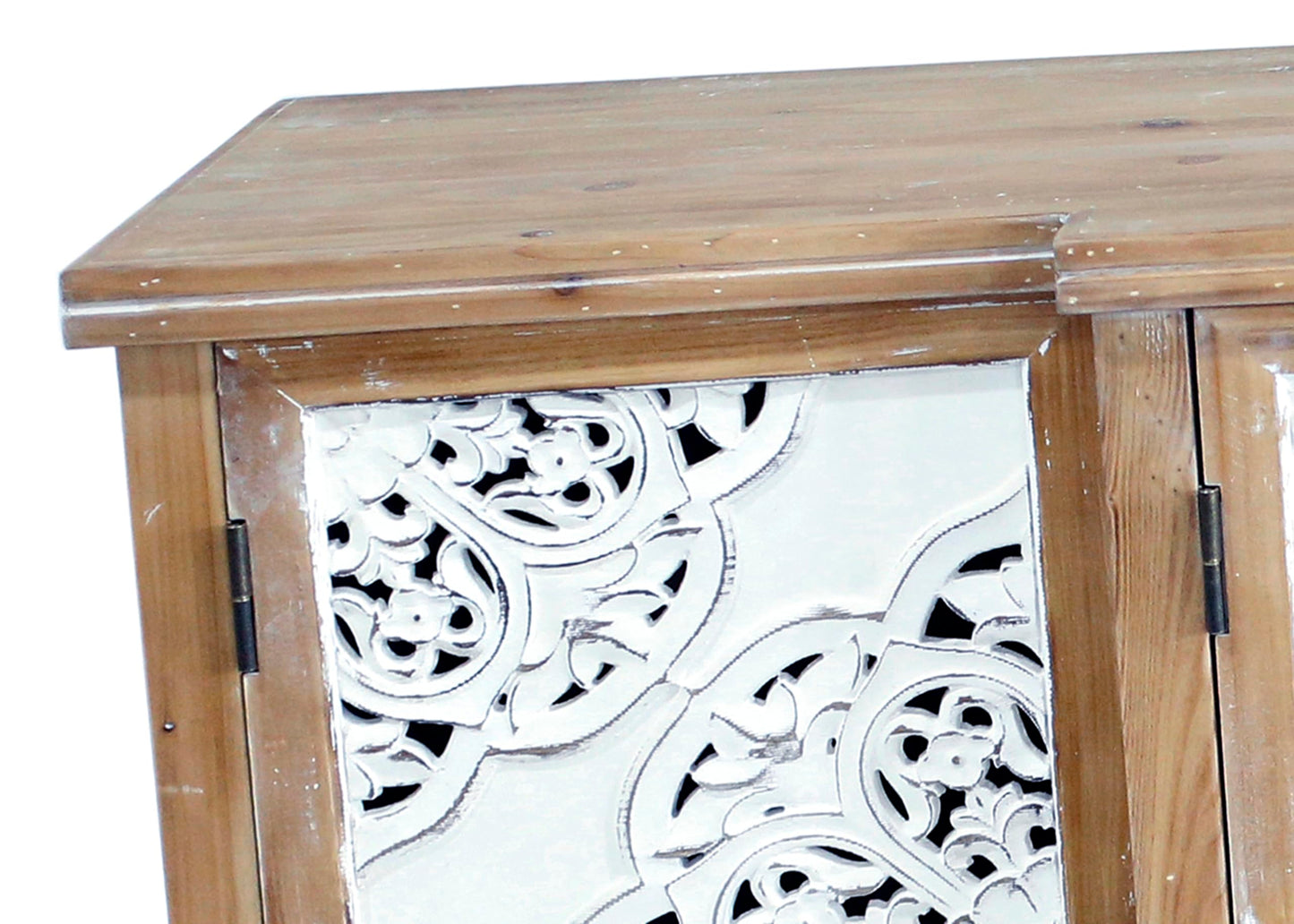 LKTART 60" Farmhouse Sideboard Buffet,Solid Fir Wood Frame with Hollowed-Out Carved Doors,Hand-Distressed Design,Versatile Storage Cabinet for Kitchen, Living Room,Natural Wood