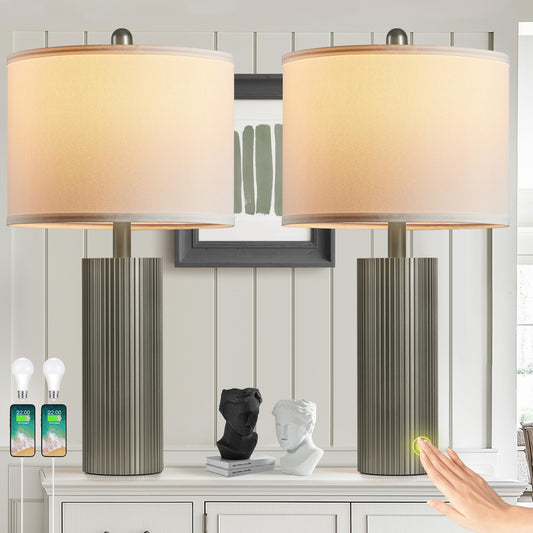 24.5" Black Lamps Set of 2, Modern Table Lamps for Living Room with USB C+A Ports, Creative Stripe Touch Lamps for Nightstand, 2 Bulbs Included
