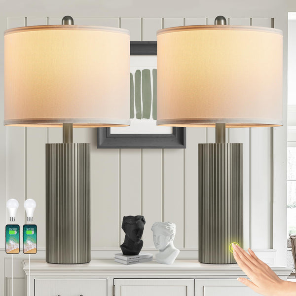 24.5" Black Lamps Set of 2, Modern Table Lamps for Living Room with USB C+A Ports, Creative Stripe Touch Lamps for Nightstand, 2 Bulbs Included