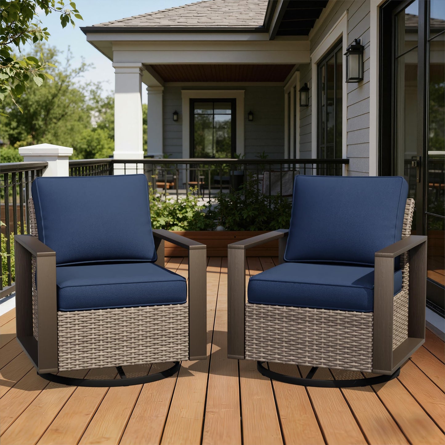 Joyside Outdoor Patio Swivel Rocker Chairs, 3 Pieces Wicker Furniture Set, 2 Swivel Rocking Chairs and 1 Table, Metal Wide Armrest, Thick Cushions and Deep Seating for Garden, Backyard, Porch, Deck