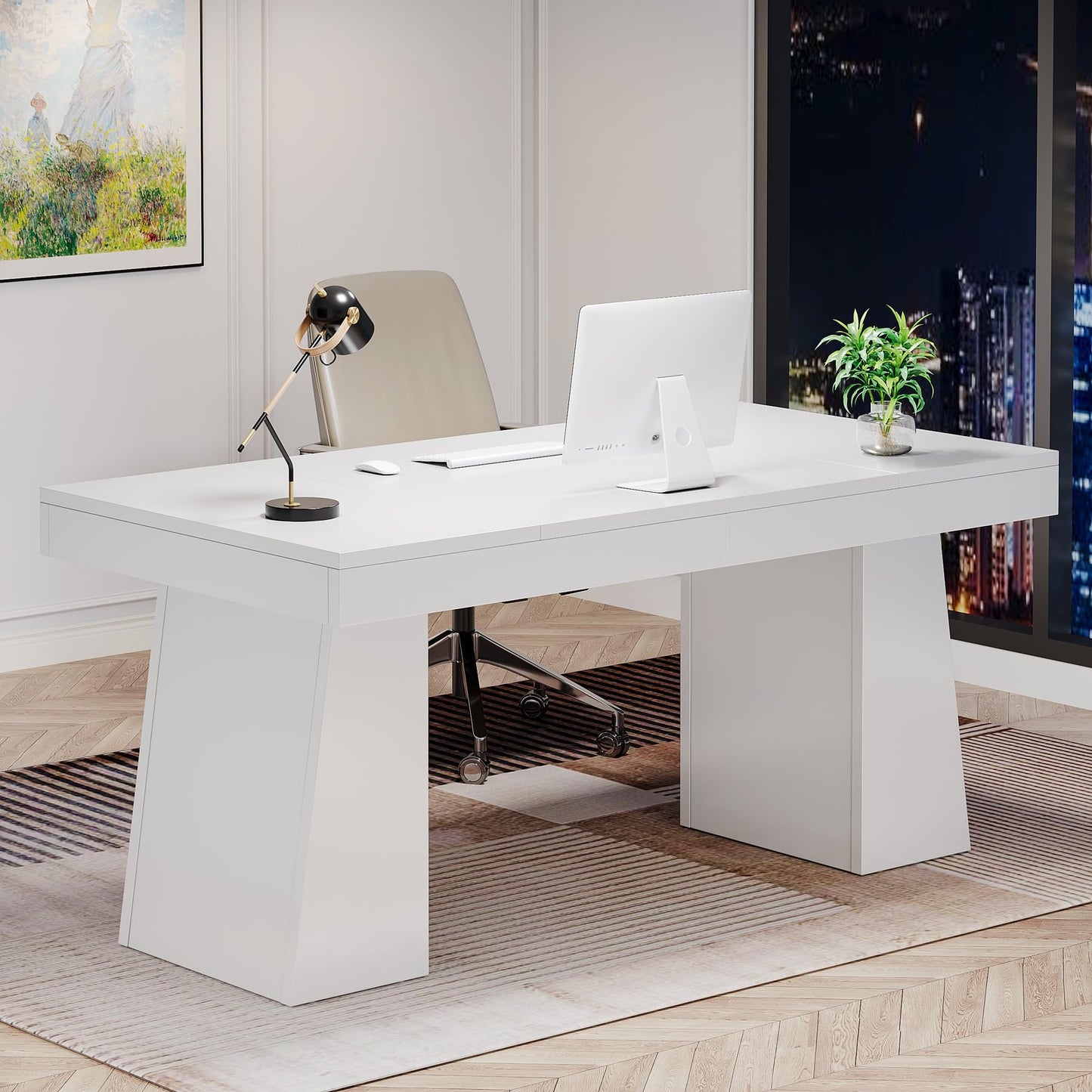 Tribesigns 55 Inches Executive Desk, Mid-Century Modern Home Office Desk, Wood MDF Computer Table Business Workstation Small Conference Table, Light Brown
