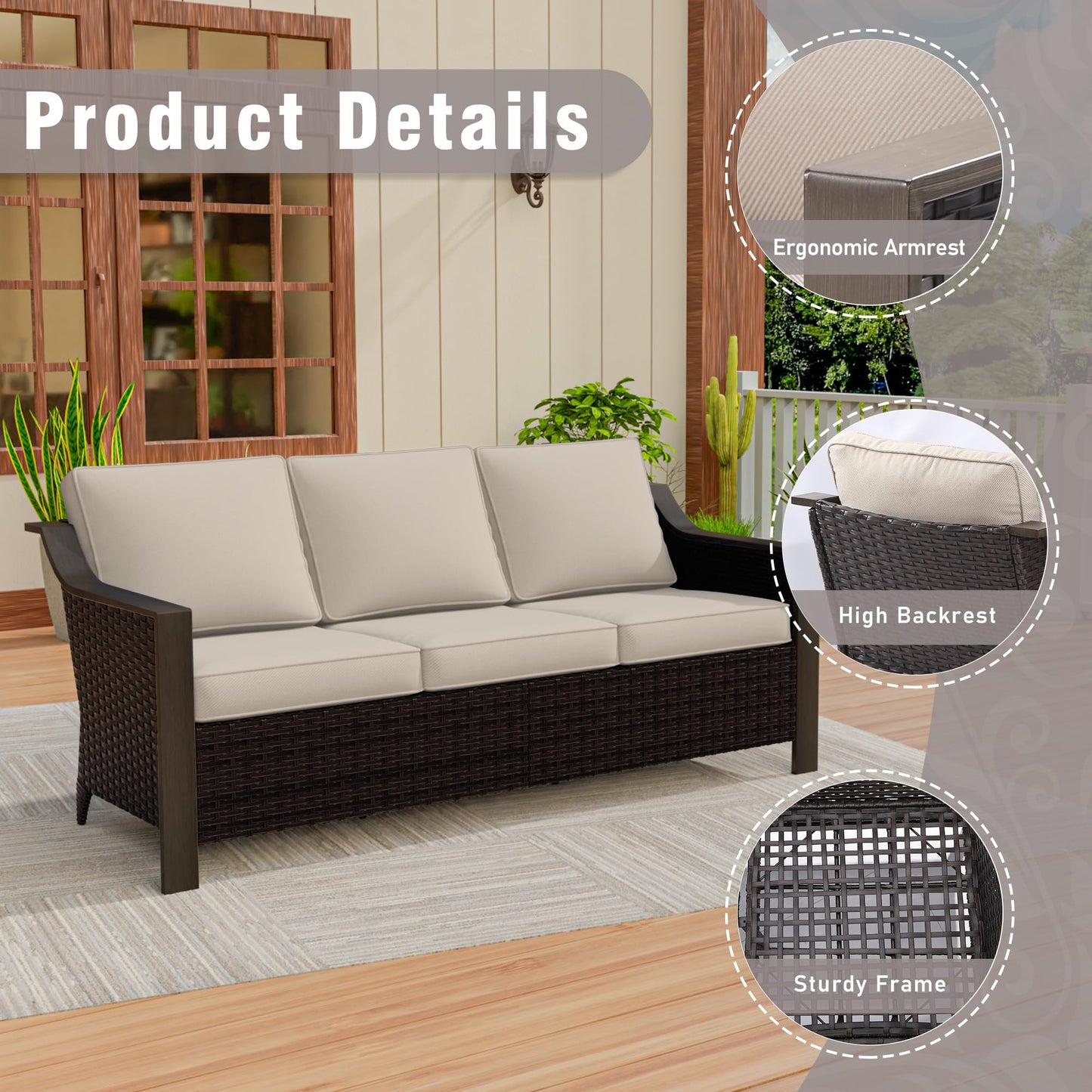 74 Inch Patio 3-Seater Sofa,PE Wicker Outdoor Lounge with Thick Removable Water-Resistant Cushions, Rust-Proof Steel Frame, 900LBS Capacity, Beige