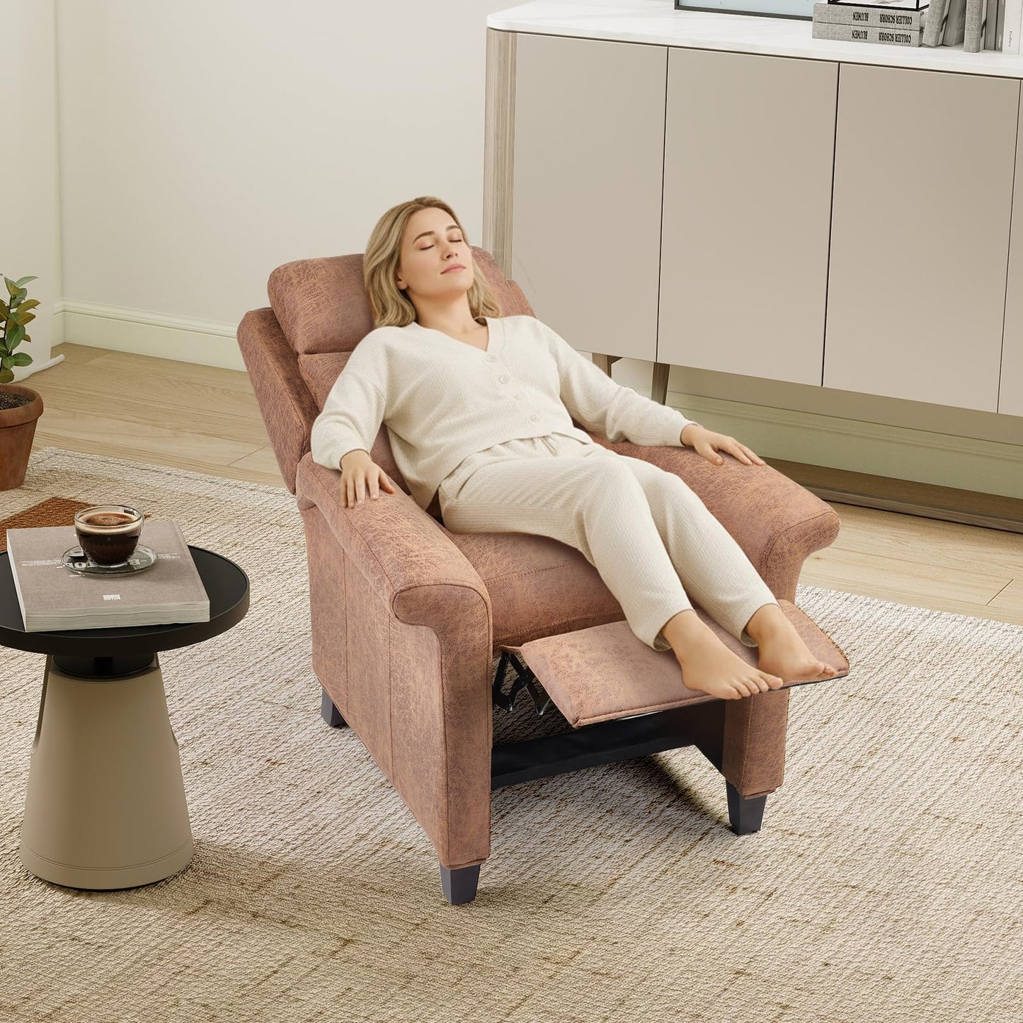 IOMOR Push Back Recliner Chair, Faux Leather Lounge Armchair with Footrest, Decoration Single Sofa Accent Chair for Living Room, Bedroom, Small Spaces (1, L-Brown)