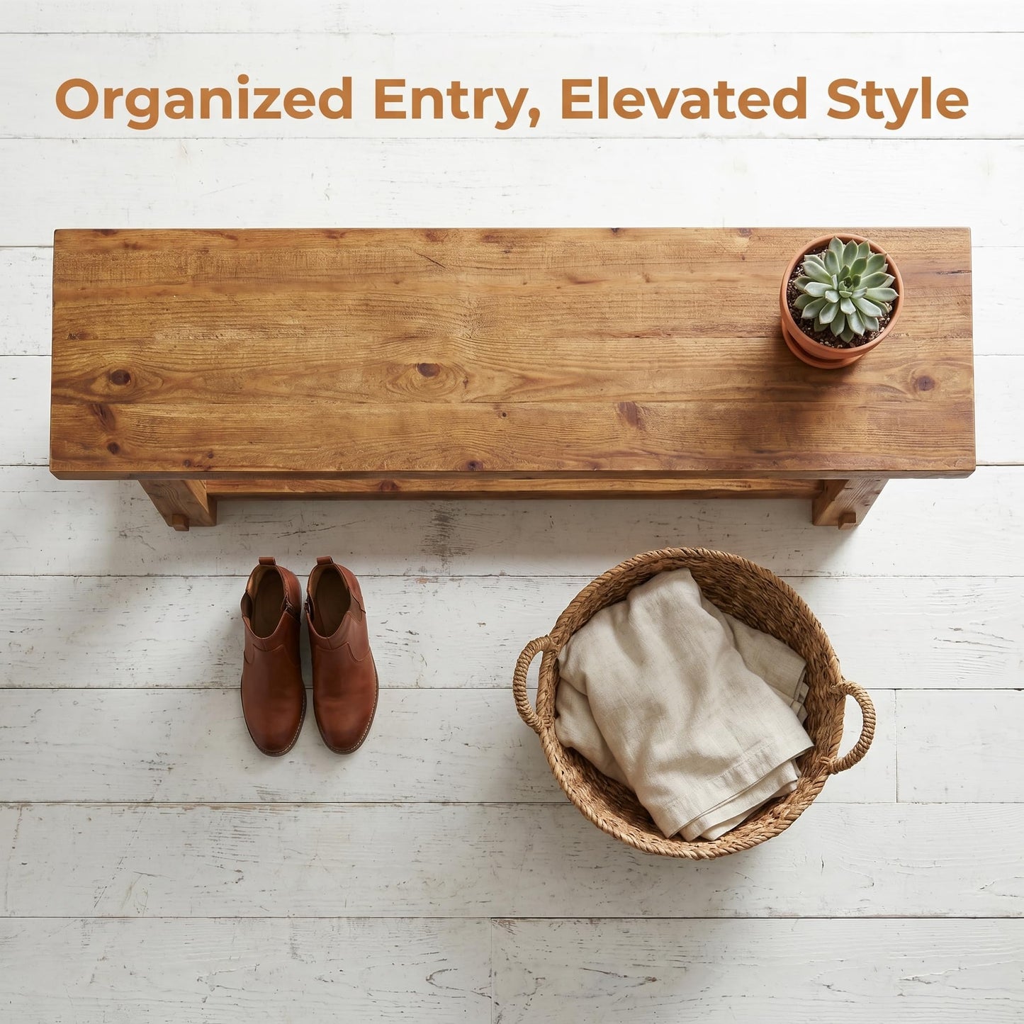 55" Solid Wood Entryway Bench with Shoe Storage, Rustic Wood Grain Shoe Rack Window Bench Seat for Foyer, Hallway, Mudroom, Bedroom, Easy Assembly (Rustic Light Wood)