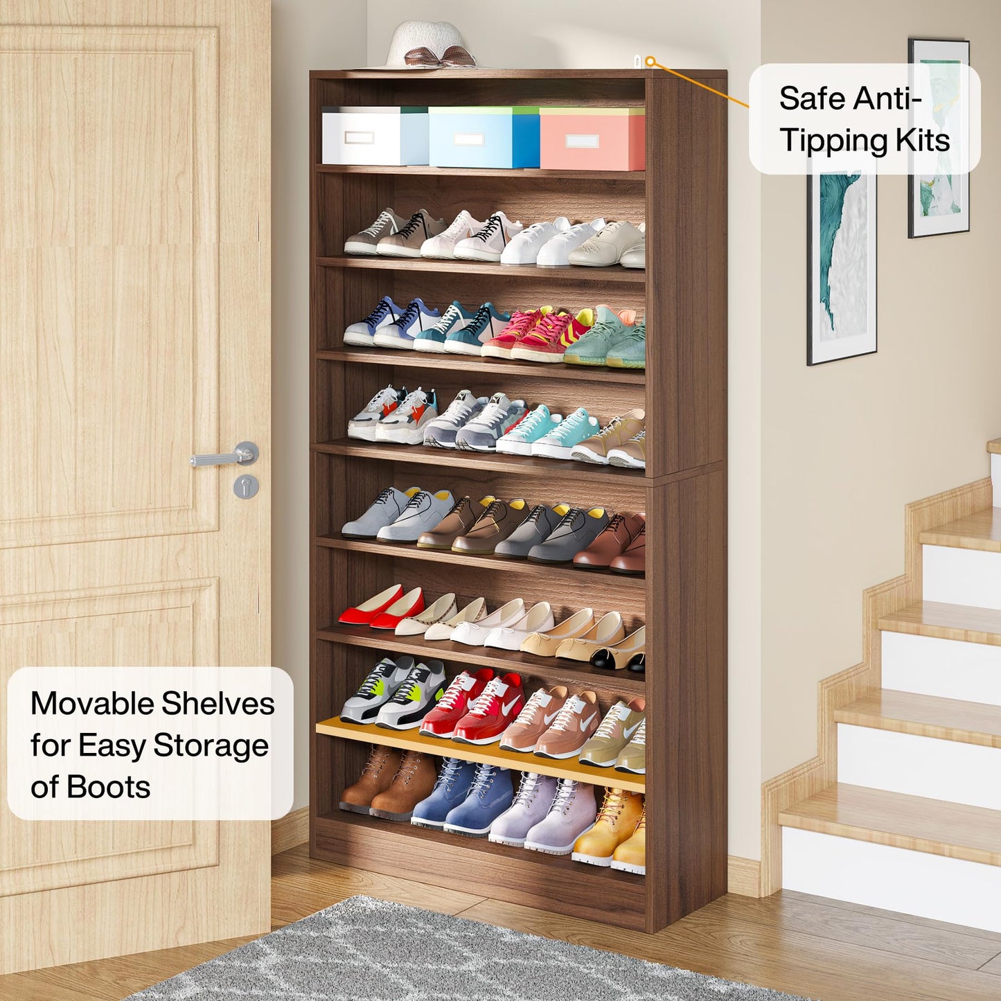 Tribesigns Shoe Cabinet, 9 Tiers 40-45 Pairs Heavy Duty Wood Freestanding Shoe Storage Cabinet, 70.8'' Tall Shoe Cabinet with Open Storage for Entryway, White