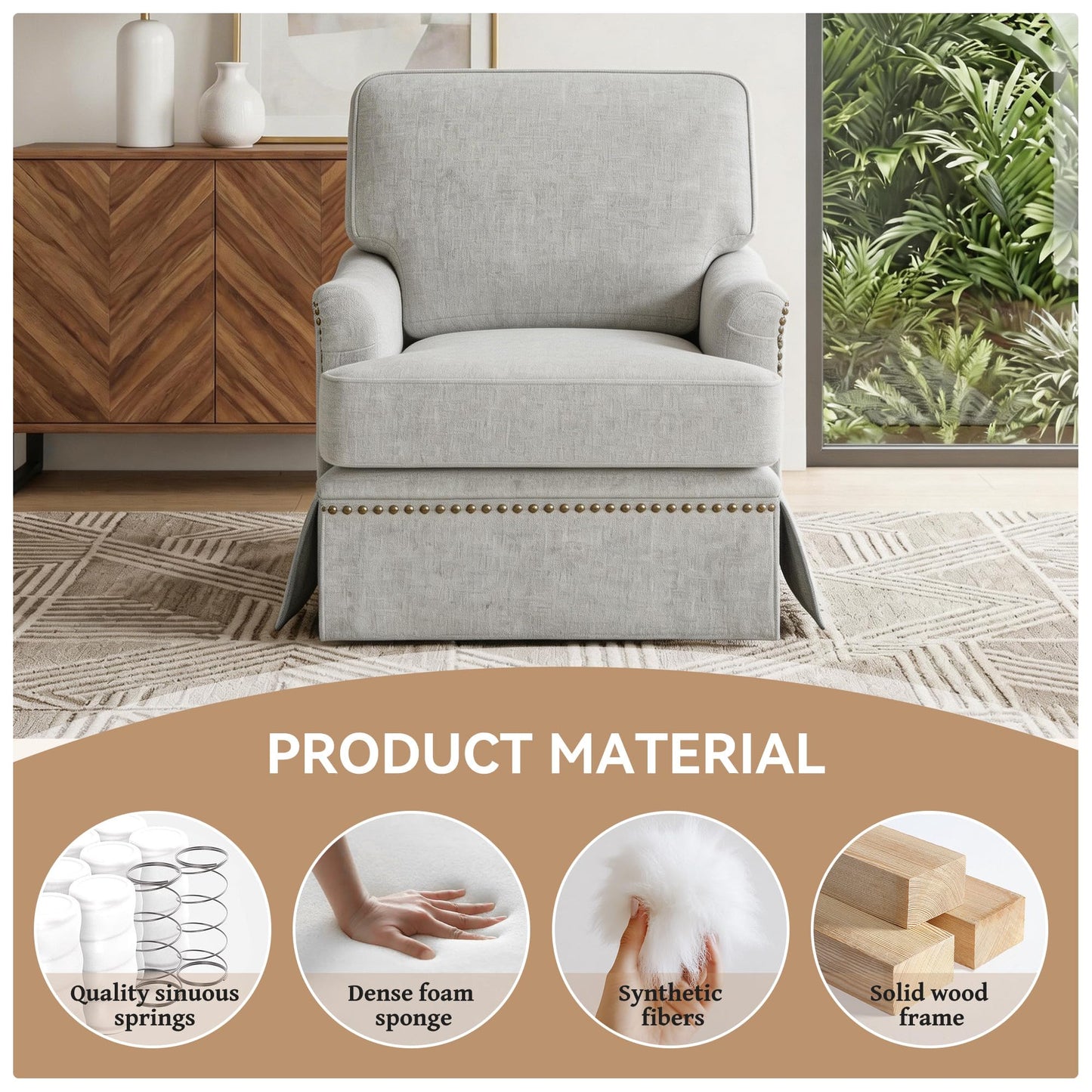 Swivel Accent Chair, 360° Swivel Upholstered Armchairs with Curved Arms, Comfy Chenille Fabric Lounge Reading Chairs for Living Room Bedroom Study, Metal Swivel Base, Tan