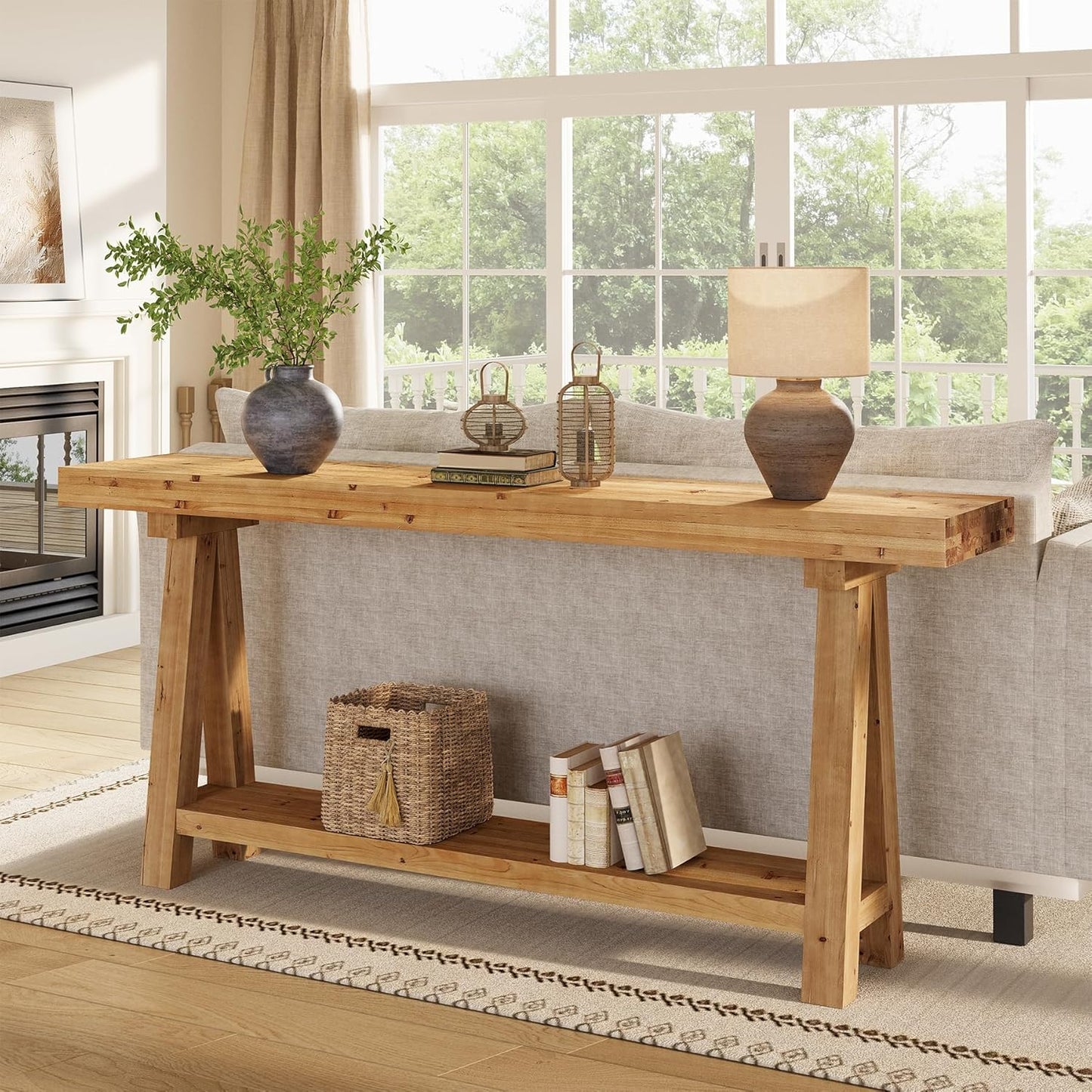 70.9-Inch Solid Wood Console Table for Entryway, Farmhouse Long Sofa Table with Shelves for Living Room, Hallway, Foyer, Easy Assembly
