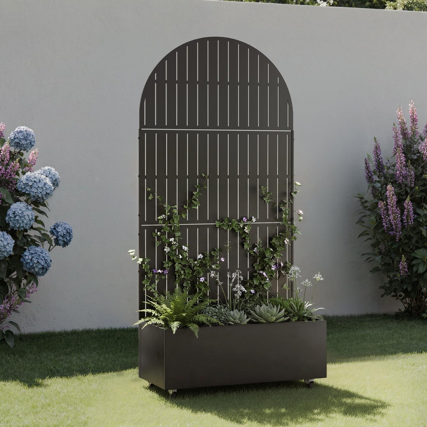 Metal Raised Garden Bed with Trellis and Wheels, 71"x47"x16" Planter Box with Privacy Screen & Drainage Holes, Arched Outdoor Garden Bed for Climbing Plants, Vegetables, Flowers (Black-Square)