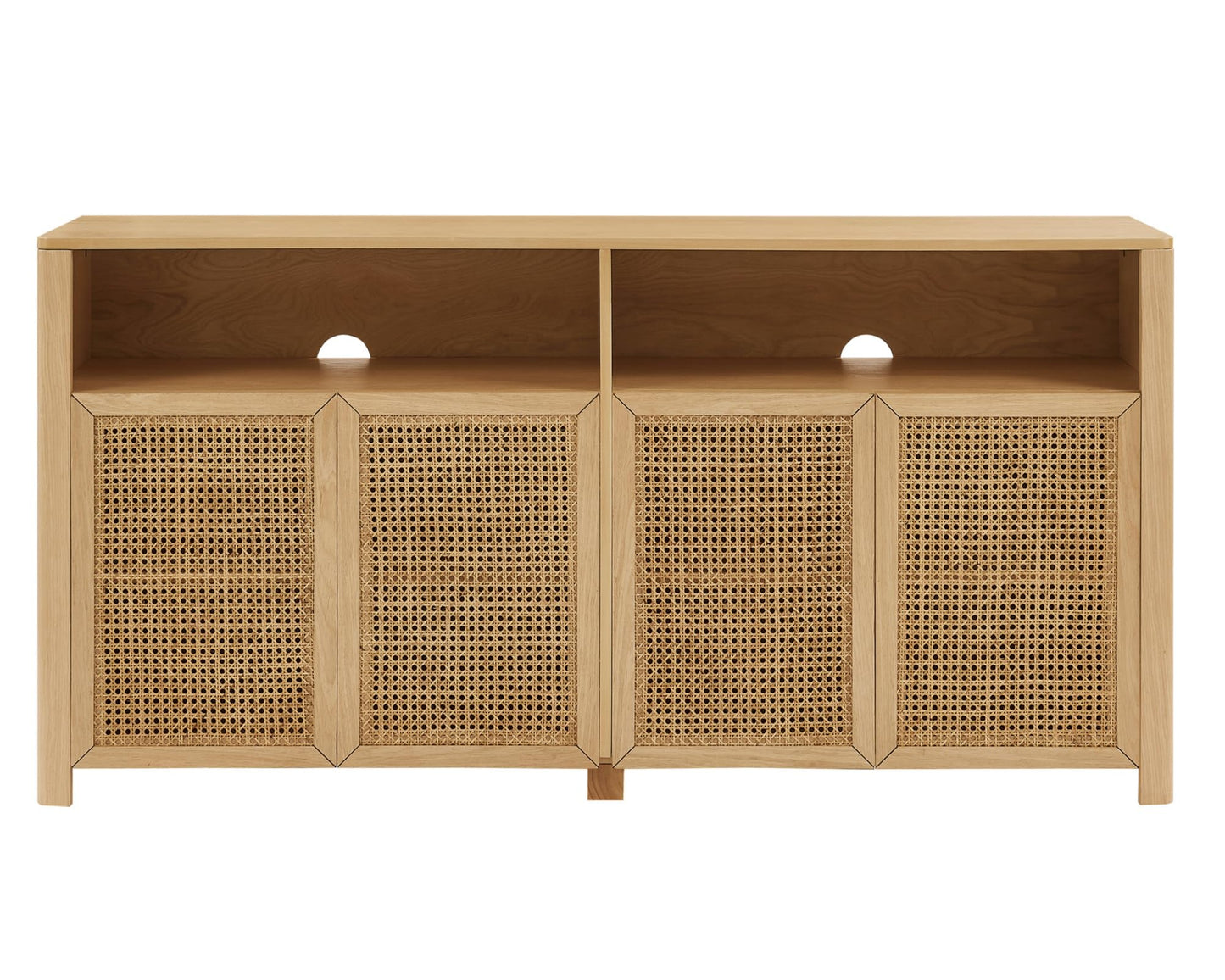 LKTART 63" Rattan Sideboard Buffet Cabinet,Kitchen Storage Cabinet,Wood Coffee Bars with 4 Doors & Open Storage Shelves,Mid Century Modern Credenza Console Table for Living Room,Walnut
