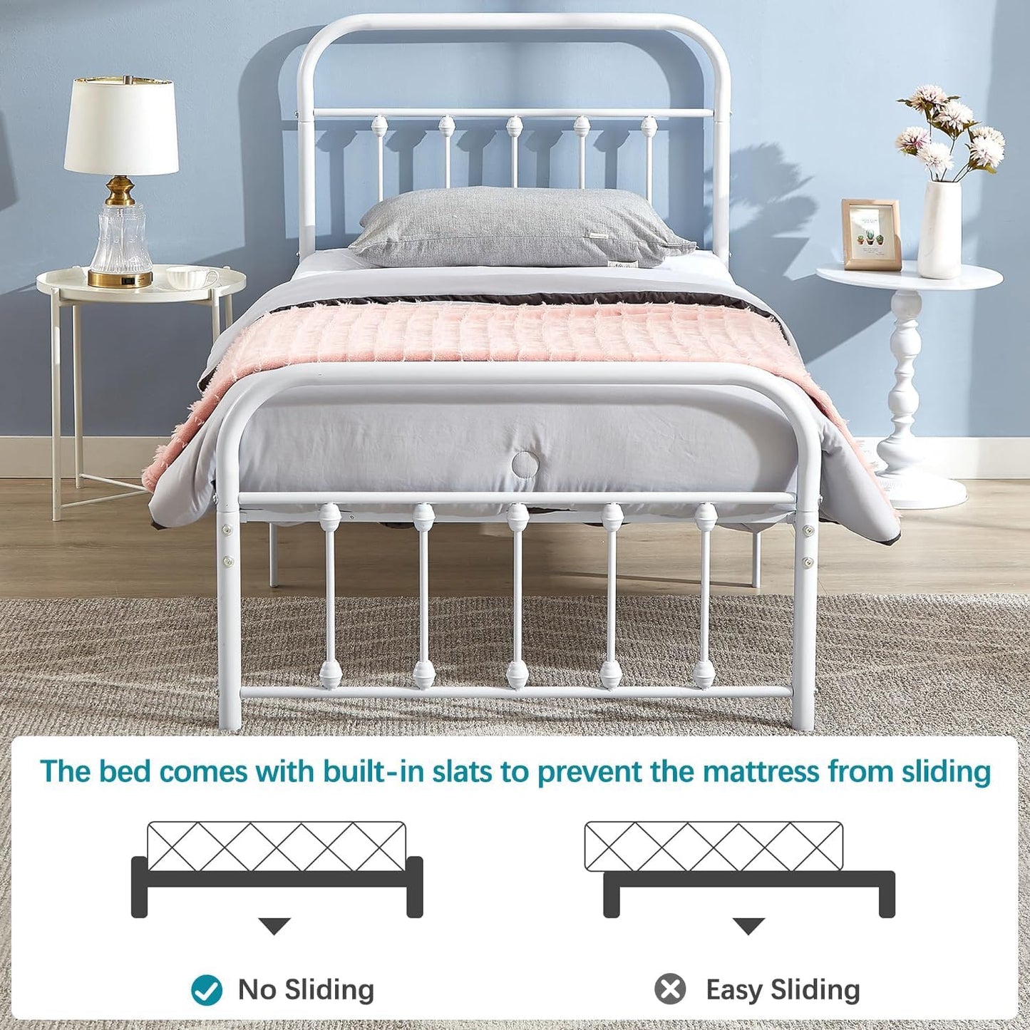 VECELO King Size Victorian Style Metal Bed Frame with Headboard/Mattress Foundation/No Box Spring Needed/Under Bed Storage and Strong Slat Support Purple Bronze
