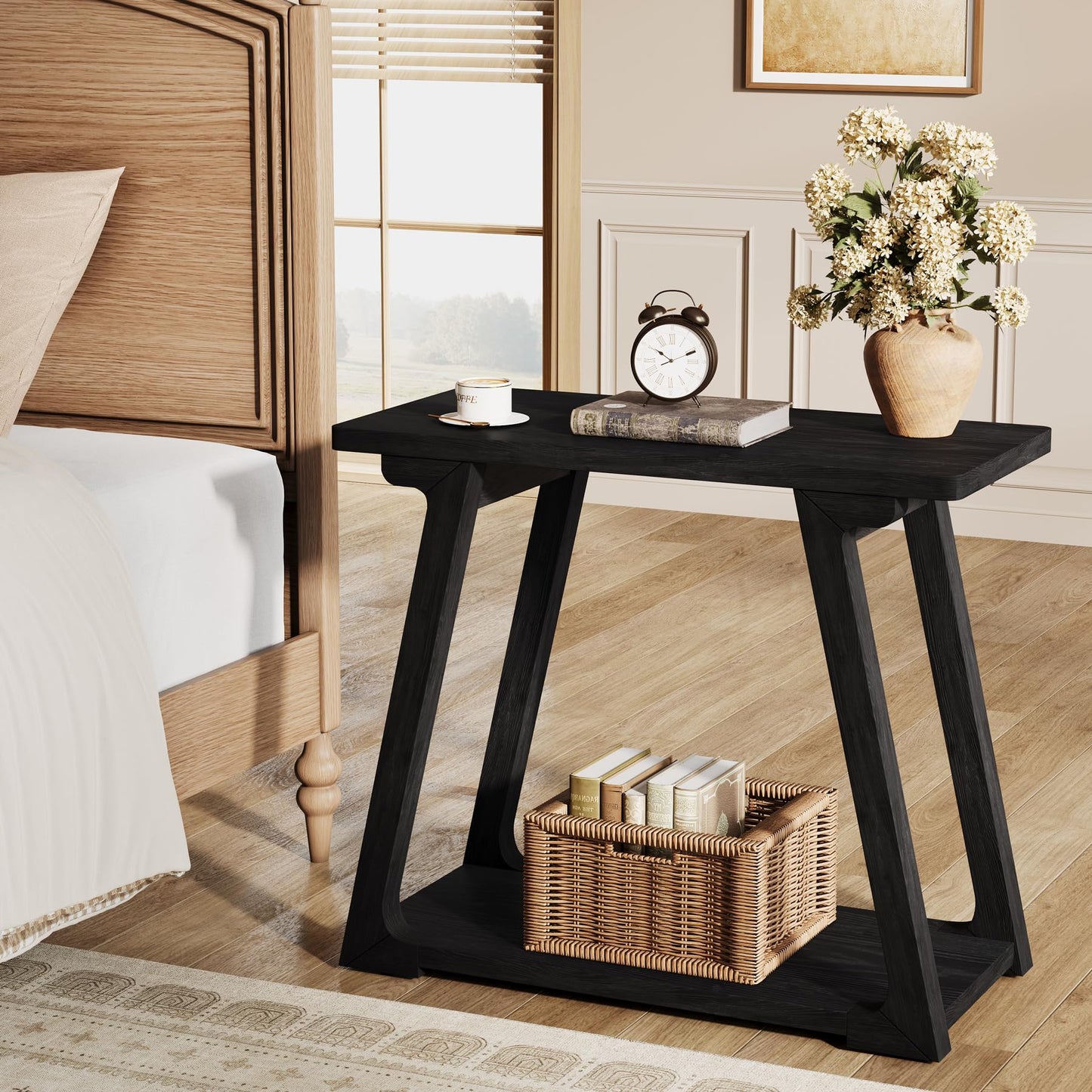 2-Tier Solid Wood End Table, Narrow Side Table, Farmhouse Rectangle Nightstand for Living Room, Bedroom, Easy Assembly, Trapezoidal Base (2, Natural Brown)