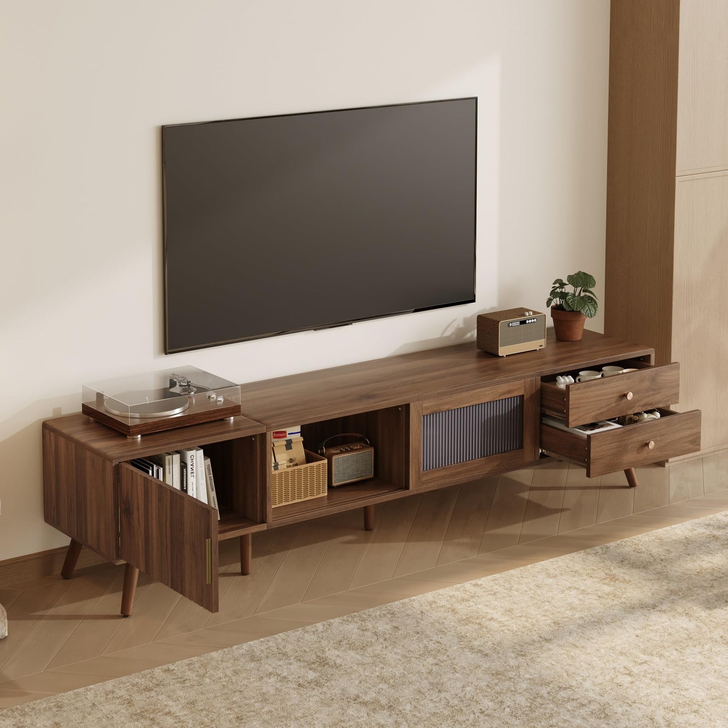 LKTART 67" Mid Century Modern TV Stand for 65/70/75/80" TVs,Entertainment Center with Sliding Doors and Drawers,Media Console for Living Room