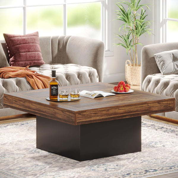 Tribesigns 35.4-Inch Square Coffee Table with LED Light, Modern Wood Coffee Table, Large Center Table for Living Room, Rustic Brown & Black