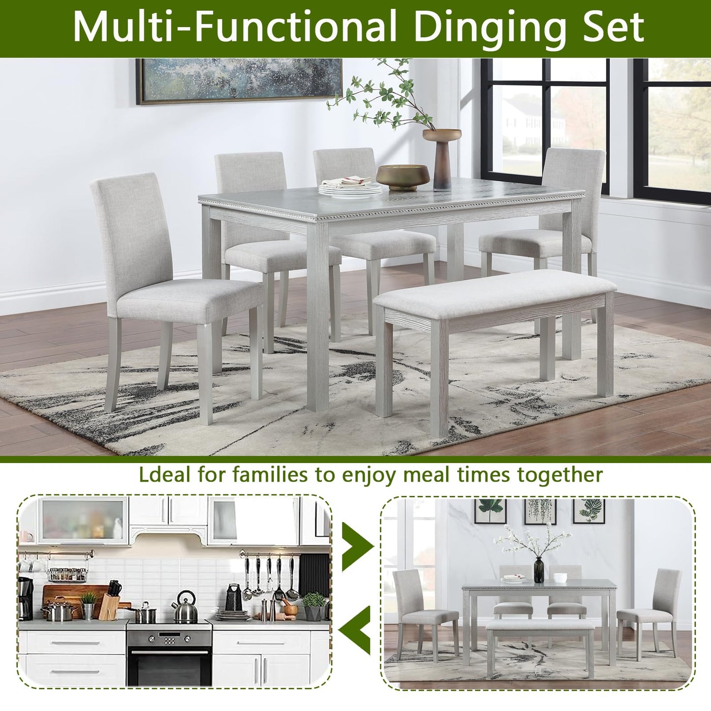 LKTART 6 Piece Kitchen Dining Set, 58.5" Rectangular Wooden Dinner Table with 4 Upholstered Chairs and a Bench for Living Room, Home Bar and Kitchen, Walnut