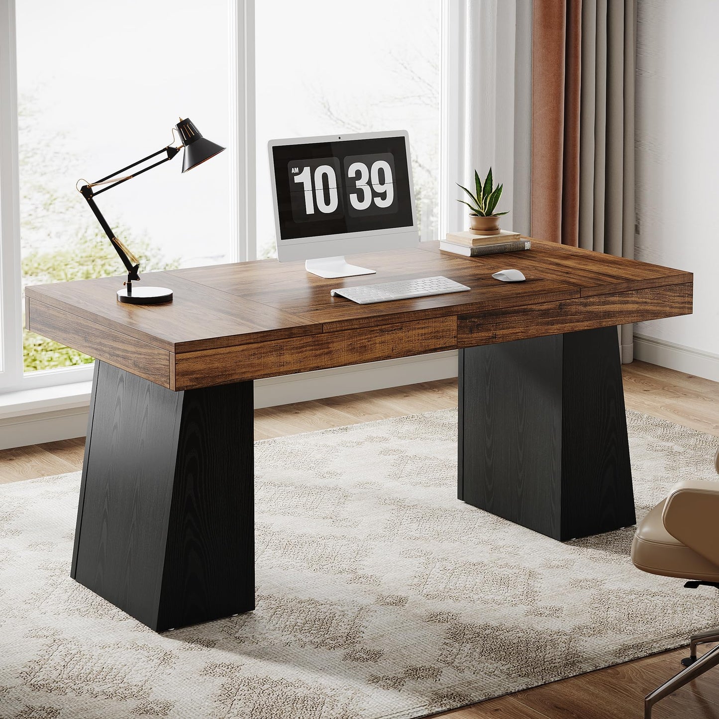 Tribesigns 55 Inches Executive Desk, Mid-Century Modern Home Office Desk, Wood MDF Computer Table Business Workstation Small Conference Table, Light Brown