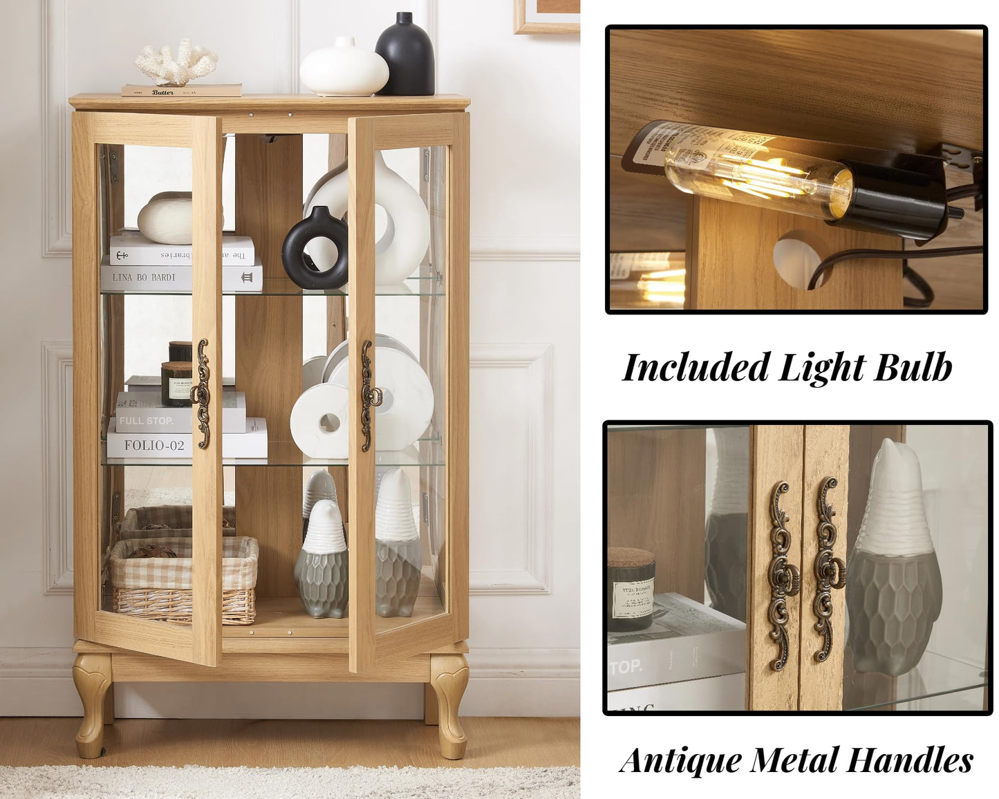 LKTART Curio Glass Display Cabinet,Storage Cabinet with Lights and Mirrored Back Panel,China Cabinet with Tempered Glass Doors and Shelves,Collectible Display Shelf,Included Bulb White
