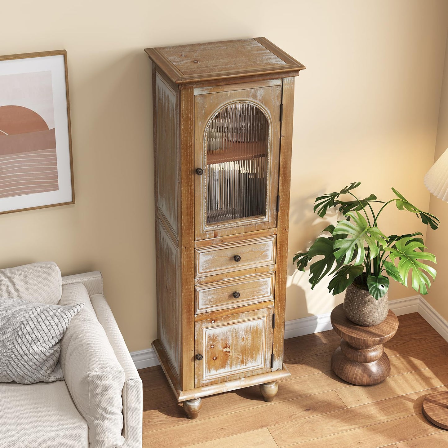 LKTART KTART 55'' Tall Kitchen Pantry Cupboard Storage Cabinet with Shelves & Drawer,French Country Accent Cabinet with Embossed Floral Metal Doors and Solid Wood Frame,Natural Wood