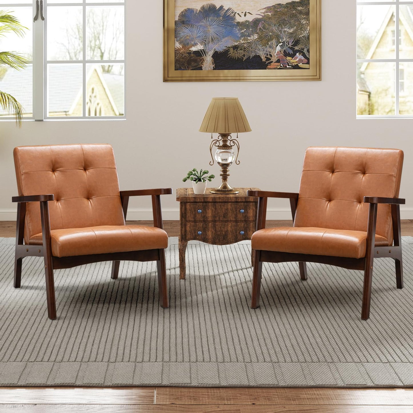 IOMOR Accent Chair Mid Century Modern Chair for Living Room, Comfy Faux Leather Armchair with Solid Wood Frame Soft Thick Padded, Side Chairs Easy Assembly (1, Brown)