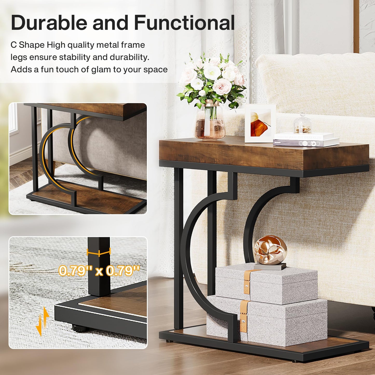 Tribesigns Narrow Side Table for Couch, C Shaped End Table with Metal Frame, Modern Bedside Tables, Small Sofa Tables for Small Spaces, Living Room (1, Brown+Black)