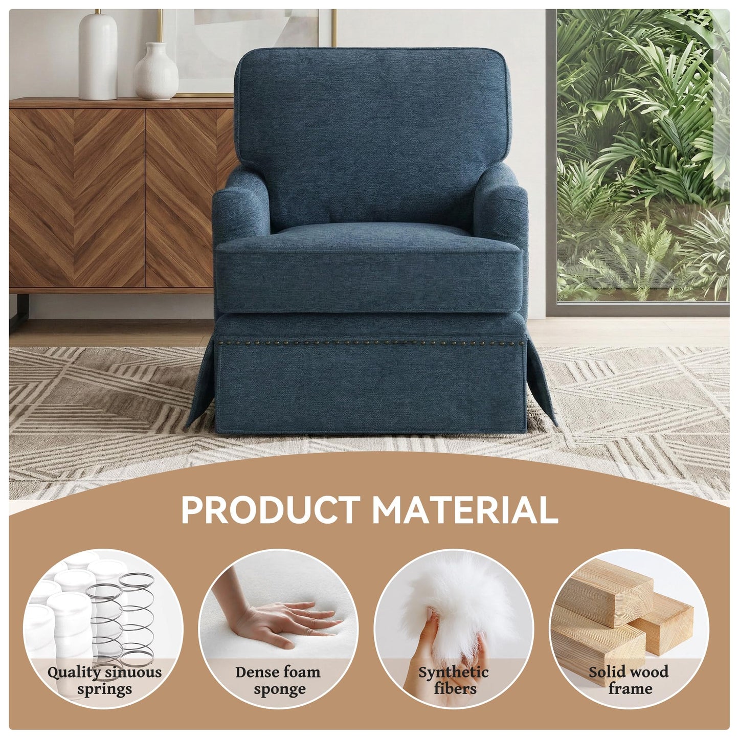 Swivel Accent Chair, 360° Swivel Upholstered Armchairs with Curved Arms, Comfy Chenille Fabric Lounge Reading Chairs for Living Room Bedroom Study, Metal Swivel Base, Tan