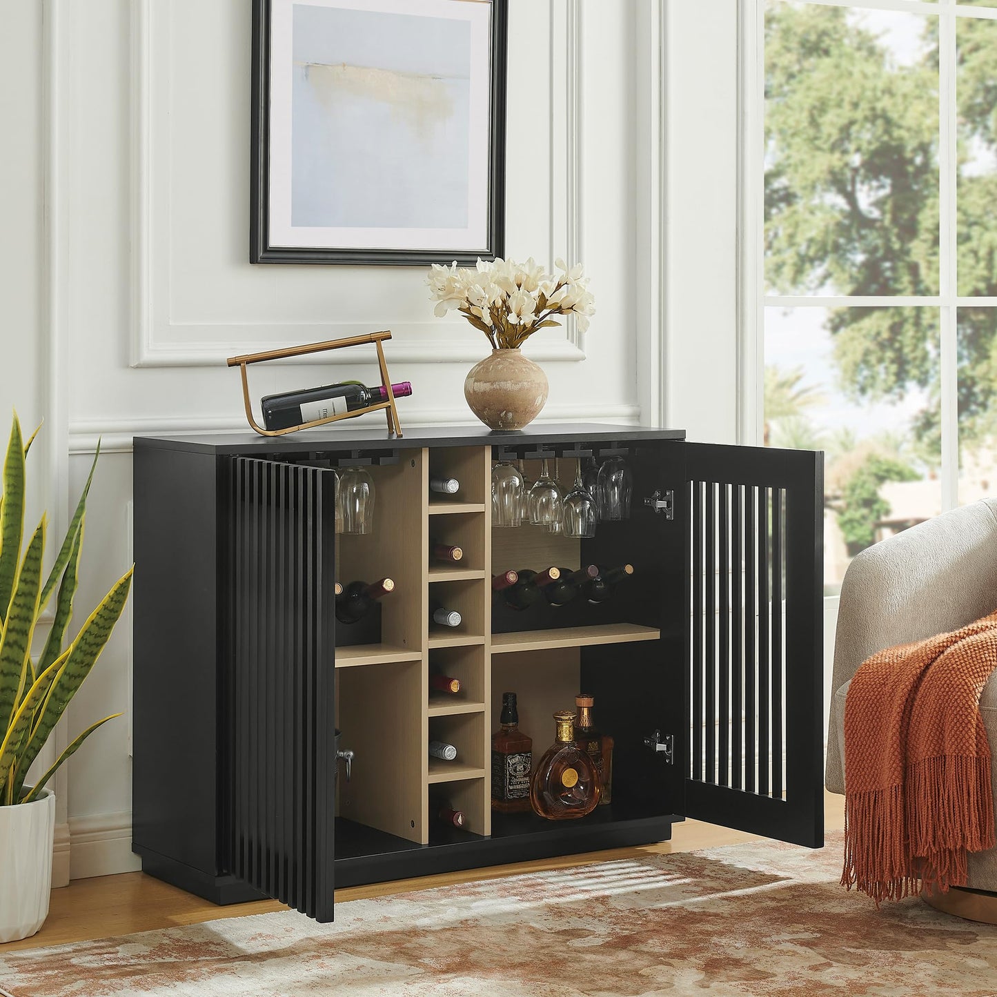 LKTART Wine Cabinet & Coffee Bar with Bottle Holders & Stemware Racks,Liquor Cabinet with Open Storage and Built-in Door Shelves,Bar Cabinet with Solid Wood Legs and Adjustable Shelf