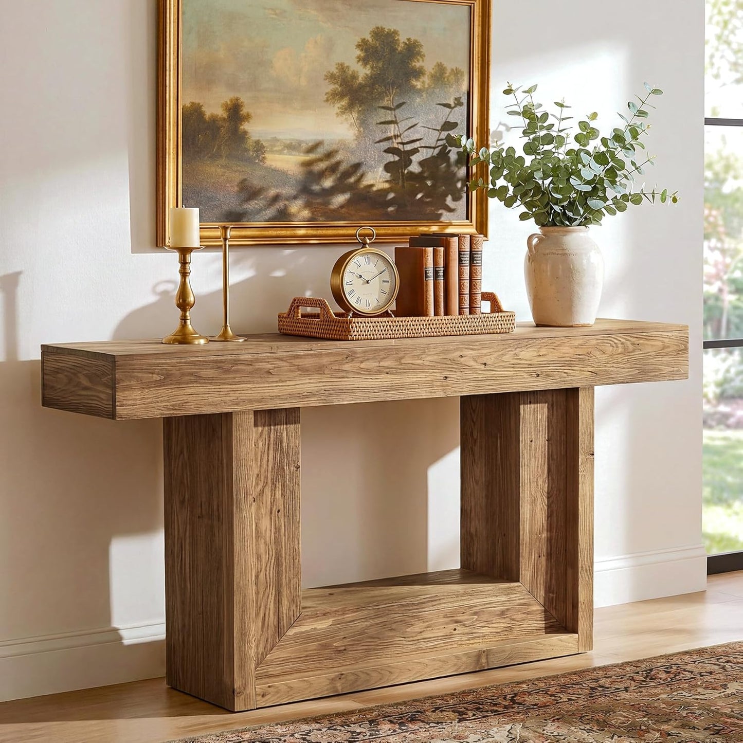 Wood Console Table, 63-Inch Farmhouse Entryway Table with Open Storage Shelf, Narrow Solid Wood Sofa Table Behind Couch for Living Room, Entrance, Foyer, Hallway, Natural