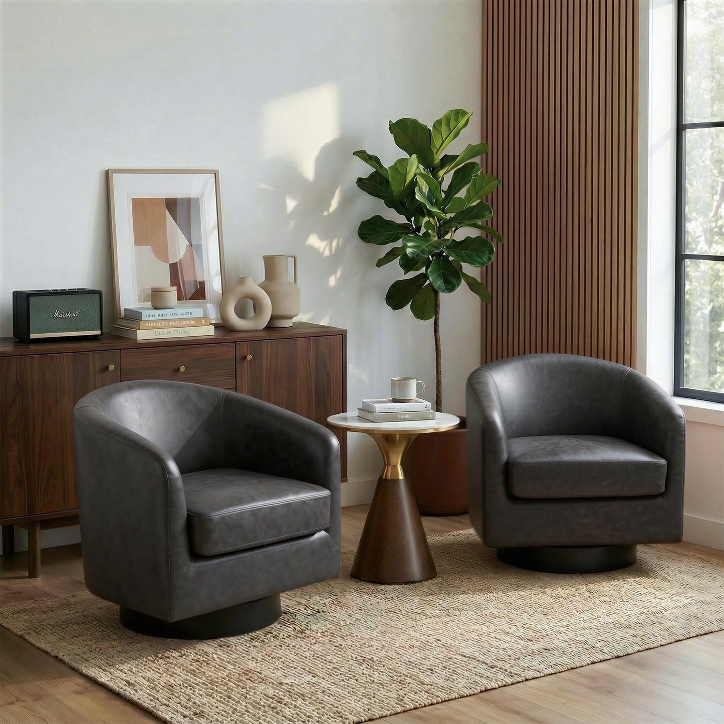 Swivel Barrel Chairs Set of 2, 31" W Modern Faux Leather Round Swivel Accent Chair for Living Room, 360° Rotation Upholstered Armchair Club Chair for Bedroom, Reading Room, Office (Brown)