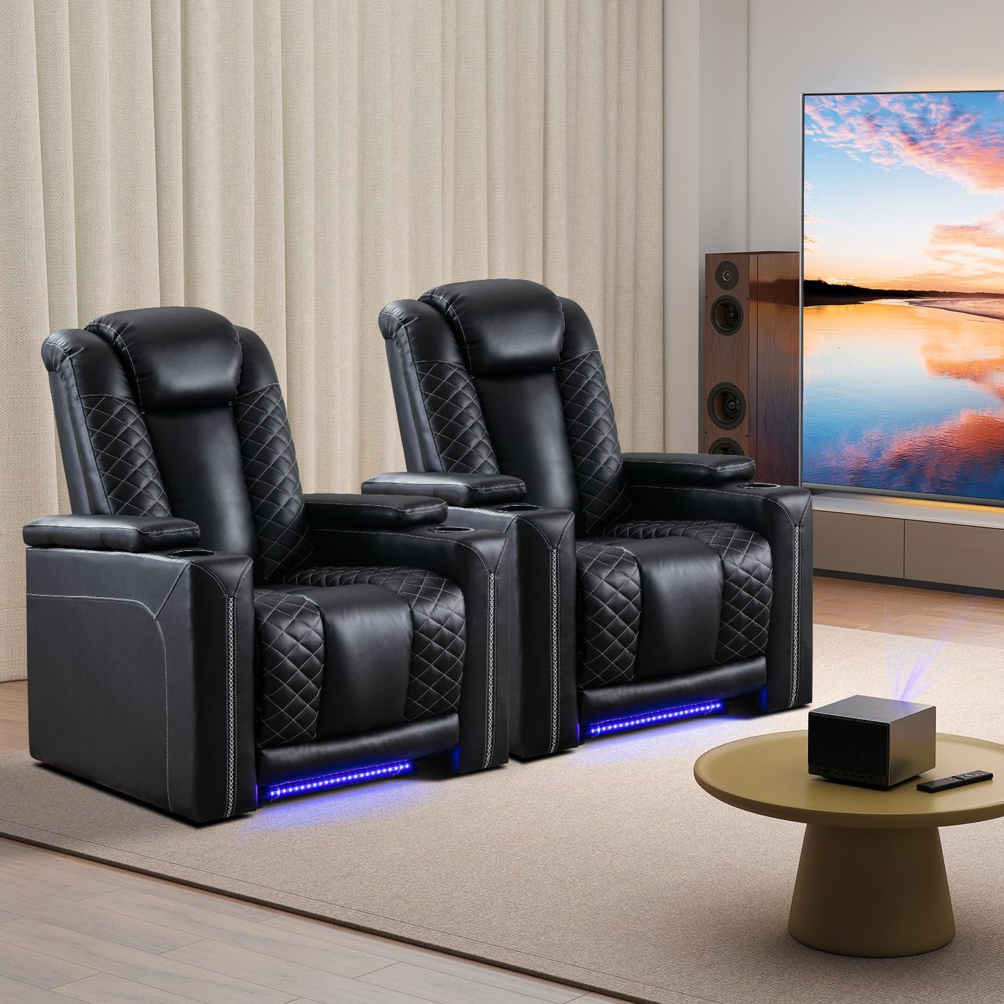 IOMOR Home Theater Seating with USB Ports and Cup Holders, Overstuffed Faux Leather Electric Power Recliner Chair with Hidden Arm Storage, Ambient Lighting (1, Black+Lighting)