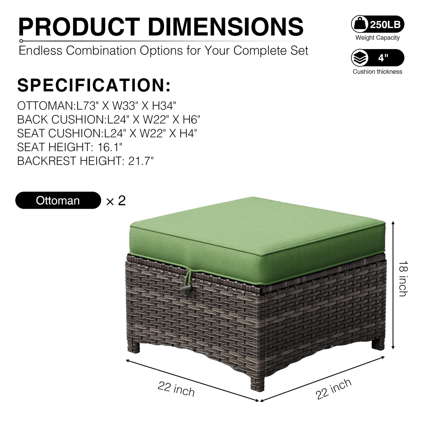 Joyside Outdoor Ottoman Set of 2, Patio Large Ottoman Foot Rest with Thickened Cushions, Outdoor Wicker Foot Stool for Porch, Deck Use