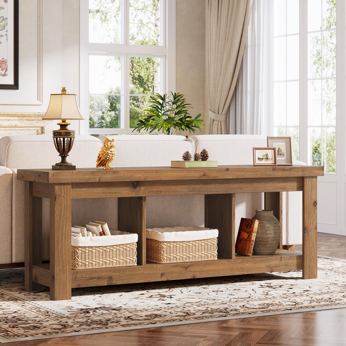 Solid Wood Console Table, 63-Inch Entryway Table with Storage, Long Wooden Sofa Table Behind Couch for Entryway, Hallway, Foyer, Living Room, Natural Wood