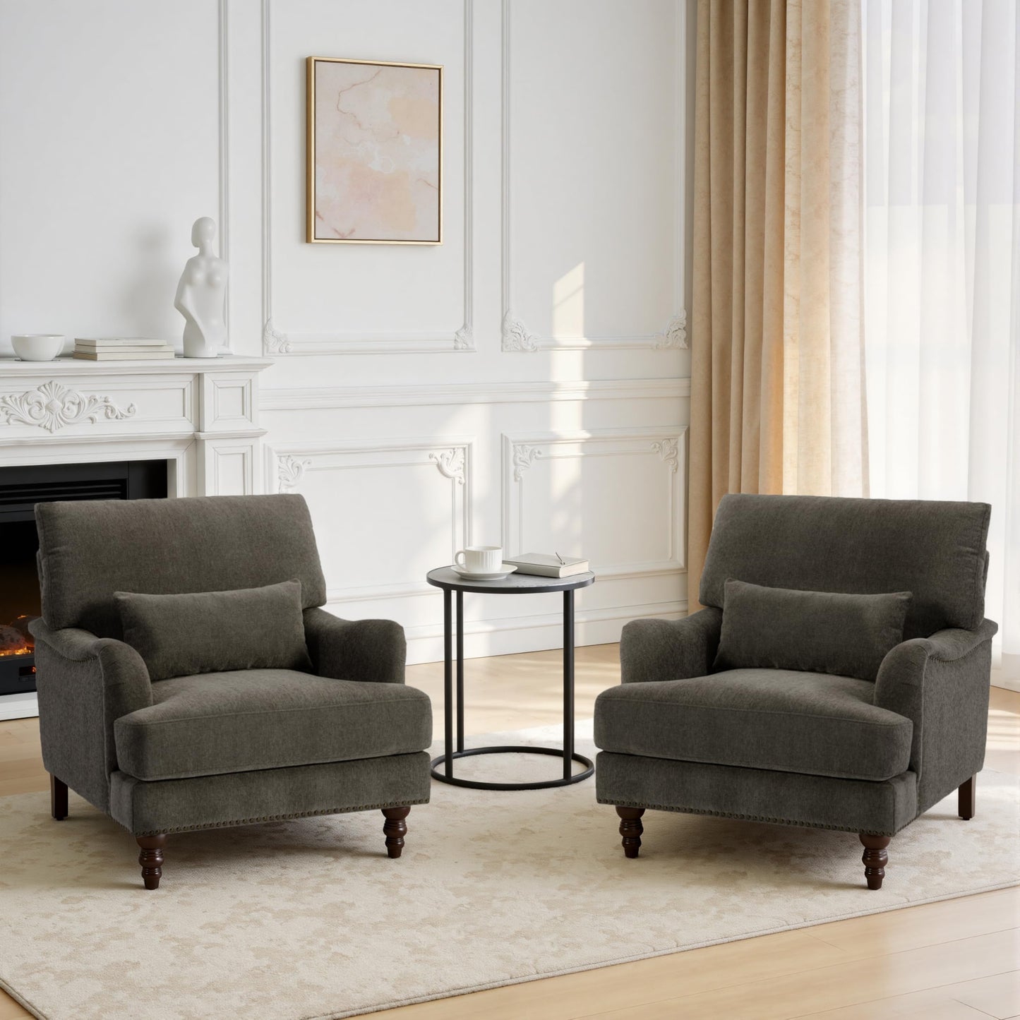 Accent Chair for Living Room, Upholstered Armchair with Nailhead Trim & Solid Wood Legs, Mid Century Modern Club Chair for Bedroom/Reading Room, Rococo Green