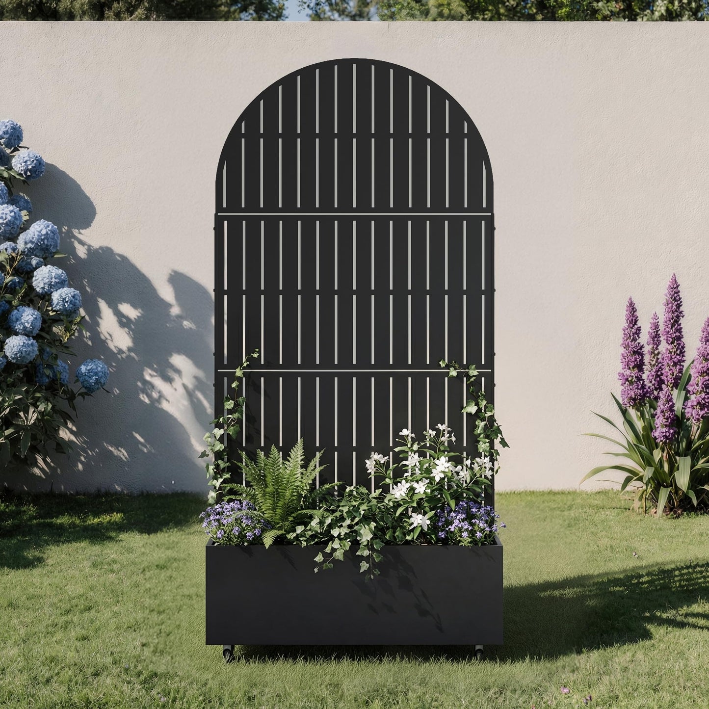 Metal Raised Garden Bed with Trellis and Wheels, 71"x47"x16" Planter Box with Privacy Screen & Drainage Holes, Arched Outdoor Garden Bed for Climbing Plants, Vegetables, Flowers (Black-Square)
