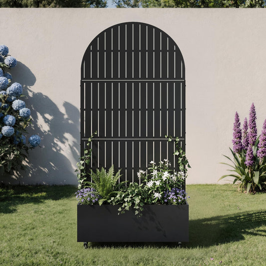 Metal Raised Garden Bed with Trellis and Wheels, 71"x47"x16" Planter Box with Privacy Screen & Drainage Holes, Arched Outdoor Garden Bed for Climbing Plants, Vegetables, Flowers (Black-Square)