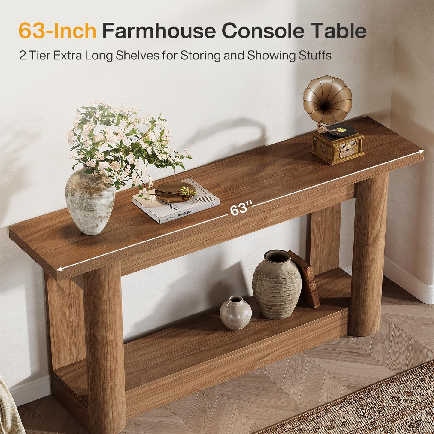 Tribesigns 63-Inch Farmhouse Console Table, 2-Tier Storage Sofa Table Behind The Couch, Narrow Long Entryway Furniture for Home Hallway, Entrance, Living Room, Brown