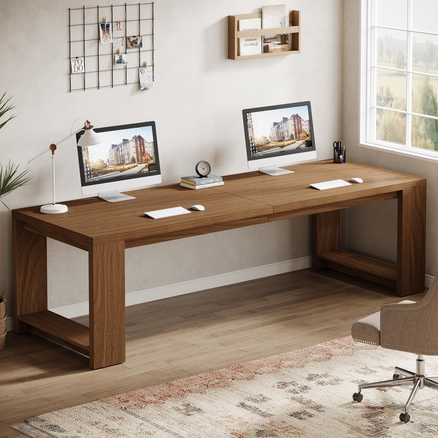Tribesigns Two Person Desk, 86.6 Inches Extra Long Desk, Double Computer Writing Table, Wood Large Desks Workstation for Home Office, Natural Wood