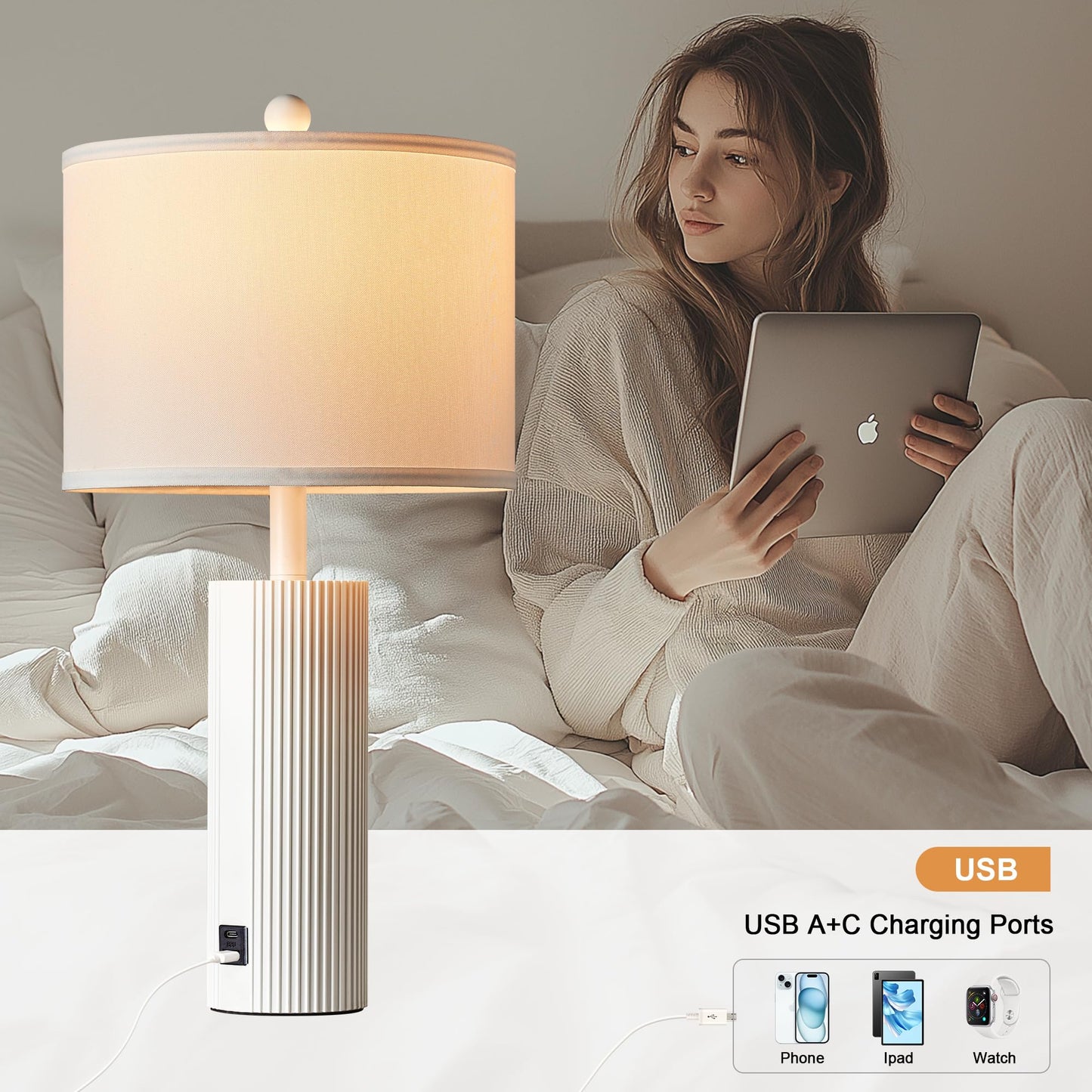 24.5" Black Lamps Set of 2, Modern Table Lamps for Living Room with USB C+A Ports, Creative Stripe Touch Lamps for Nightstand, 2 Bulbs Included