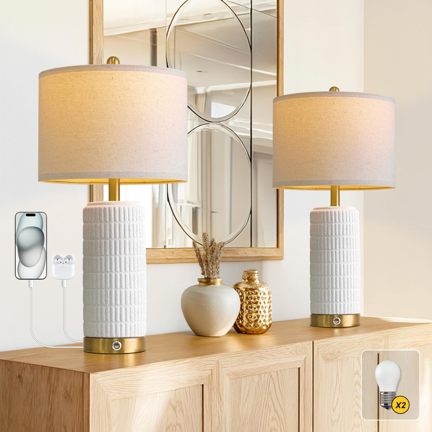 PoKat Touch Bedside Table Lamps with USB Ports for Bedroom Living Room, 25'' Dimmable Nightstand Touch Lamps for Living Room, Modern Ceramic Lamps for Night Stands Bedroom, Office, White and Beige