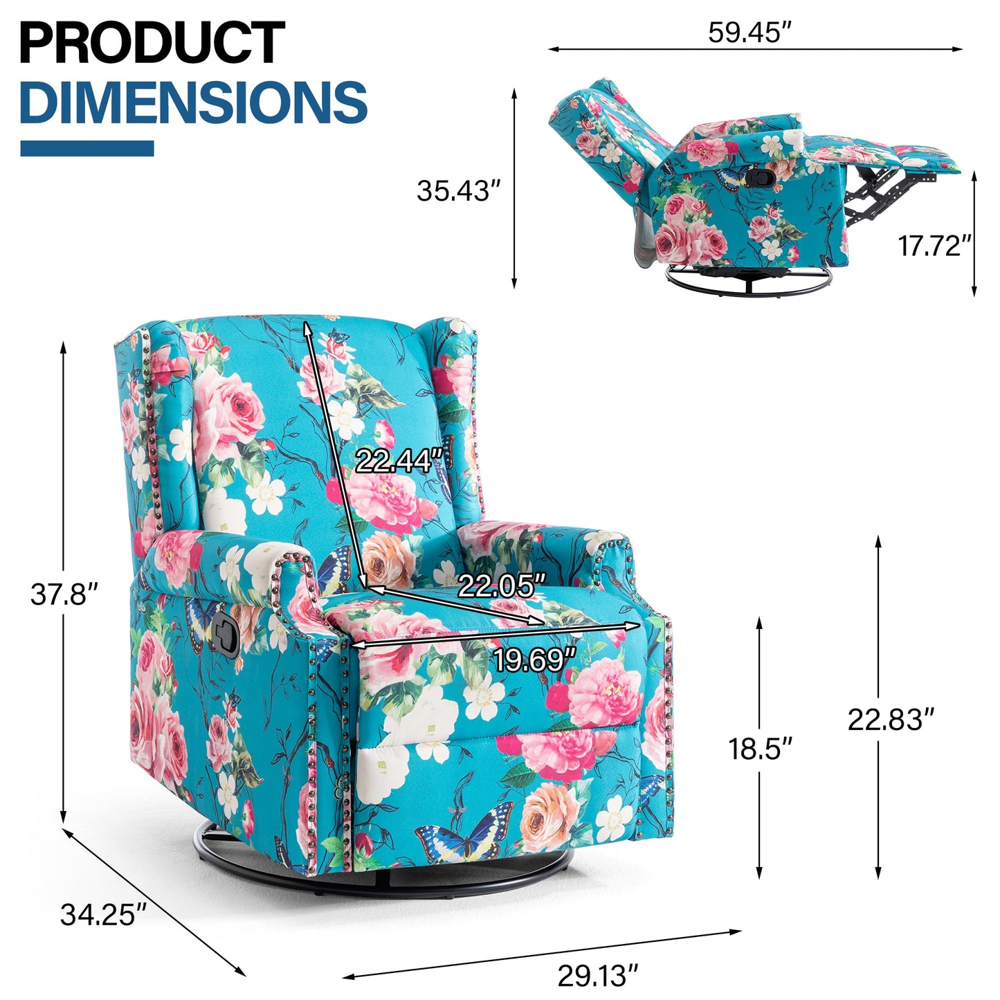 Swivel Rocker Recliner Chair, 360° Swivel Wingback Recliner Chairs for Adults, Upholstered Printed Fabric Glider Rocking Chair with High Back, Deep Seat for Living Romm Bedroom, Bird