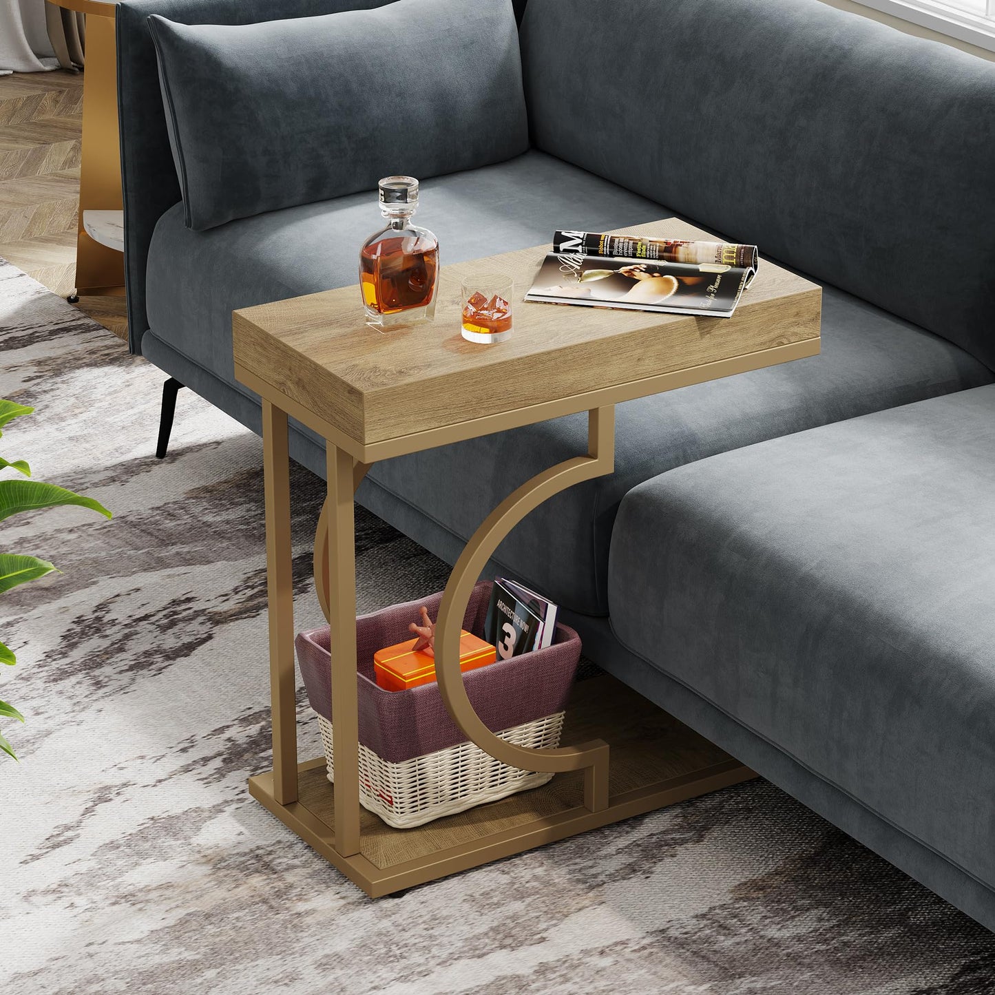 Tribesigns Narrow Side Table for Couch, C Shaped End Table with Metal Frame, Modern Bedside Tables, Small Sofa Tables for Small Spaces, Living Room (1, Brown+Black)