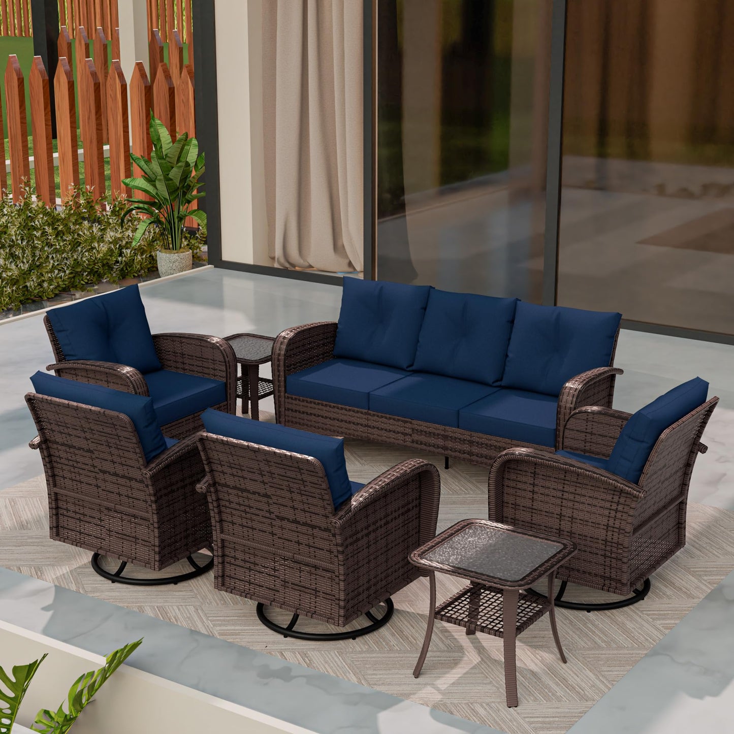 4 Piece Patio Conversation Set - 2 Swivel Chairs 1 Coffee Table 3-Seater Sofa, PE Wicker & Steel Patio Furniture with Heavy-Duty Steel Frame,Weatherproof Cushions, Red