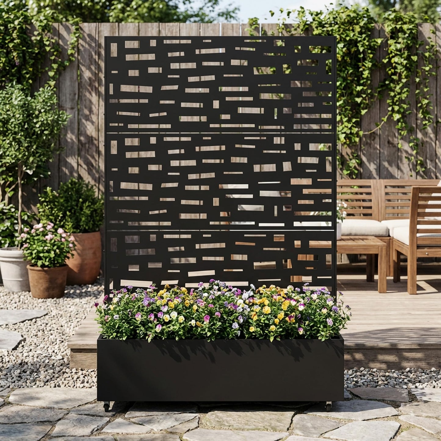 Metal Raised Garden Bed with Trellis and Wheels, 71"x47"x16" Planter Box with Privacy Screen & Drainage Holes, Arched Outdoor Garden Bed for Climbing Plants, Vegetables, Flowers (Black-Square)