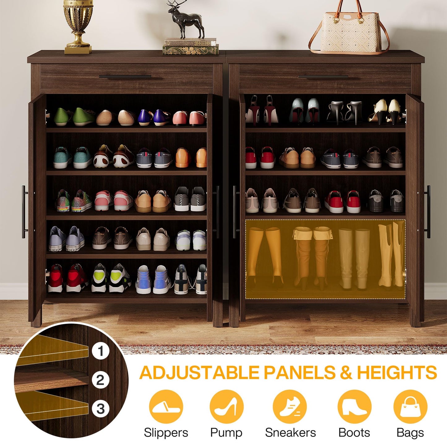 Tribesigns Shoe Cabinet, 5-Tier Shoe Storage Cabinet with Louvered Doors and Drawer, Freestanding Wooden Shoe Rack Organizer with Adjustable Shelves for Entryway, Hallway, Closet, Brown