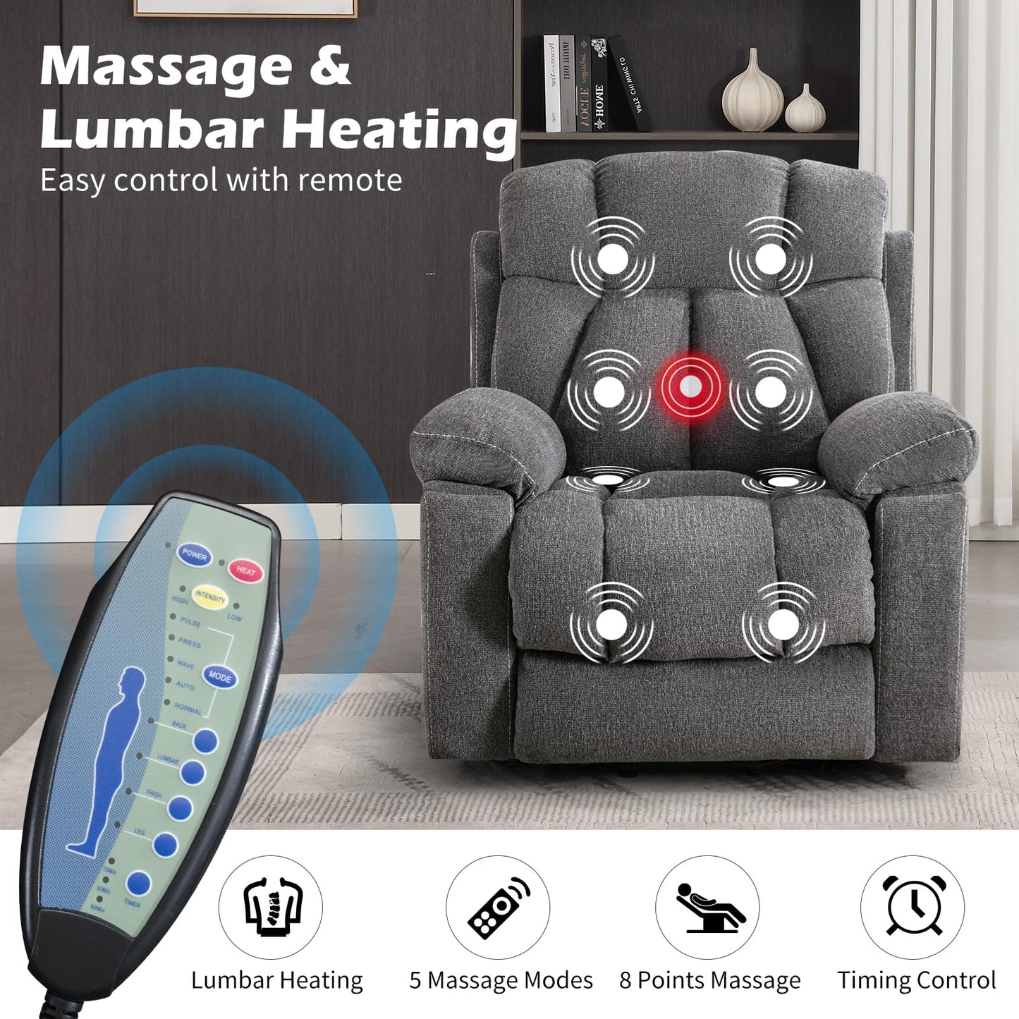 IOMOR Large Power Lift Recliner Chair for Elderly with Massage and Heat, Electric Lift Recliner Single Sofa with with 2 Cup Holders, Side Pocket & USB Charge Port for Living Room (1, Dark Gray)