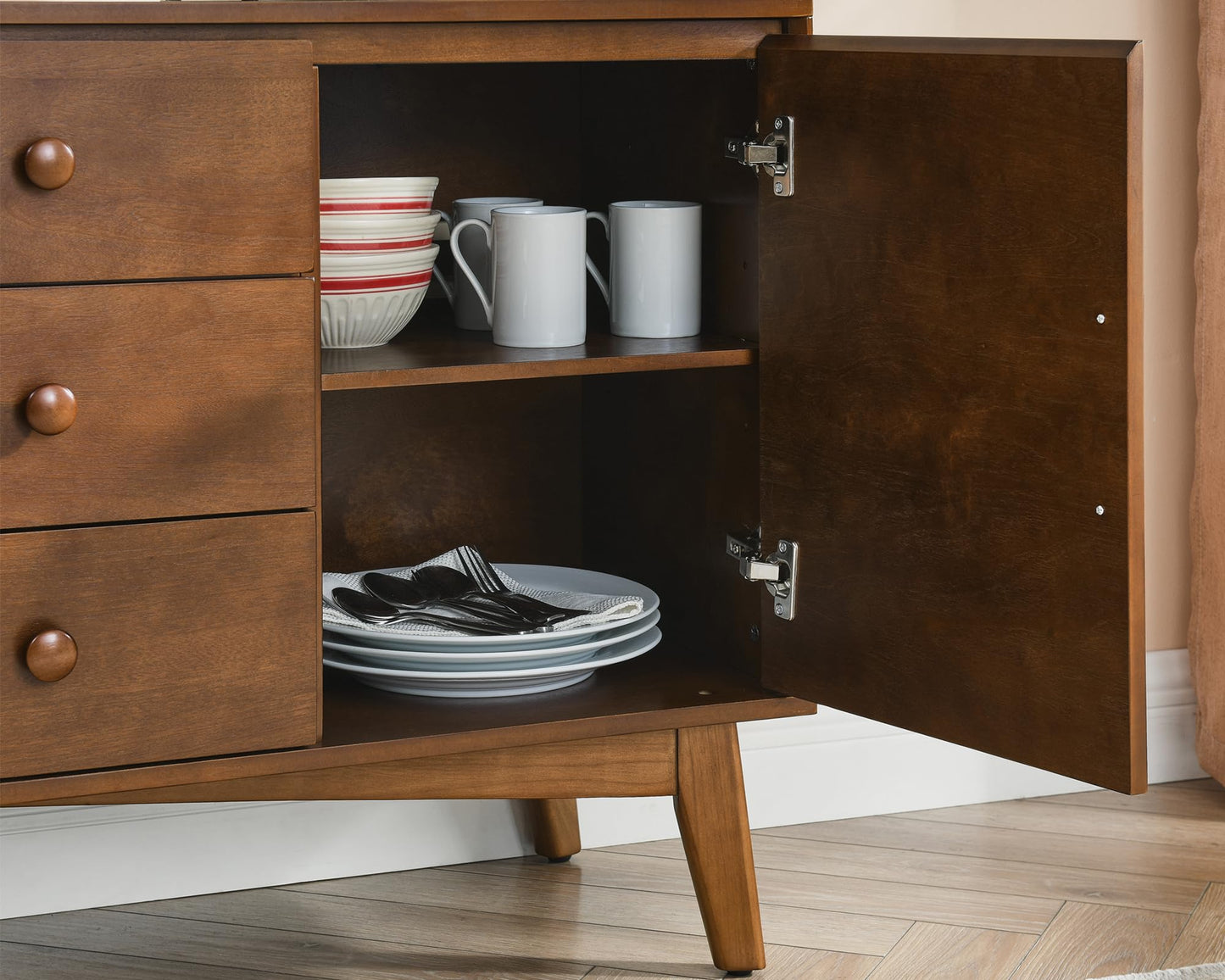LKTART 60" Mid Century Modern Sideboard Buffet with Hollow Carved Doors and Outlet Holes,Vintage Accent Cabinet Credenzas Storage Cabinet Walnut