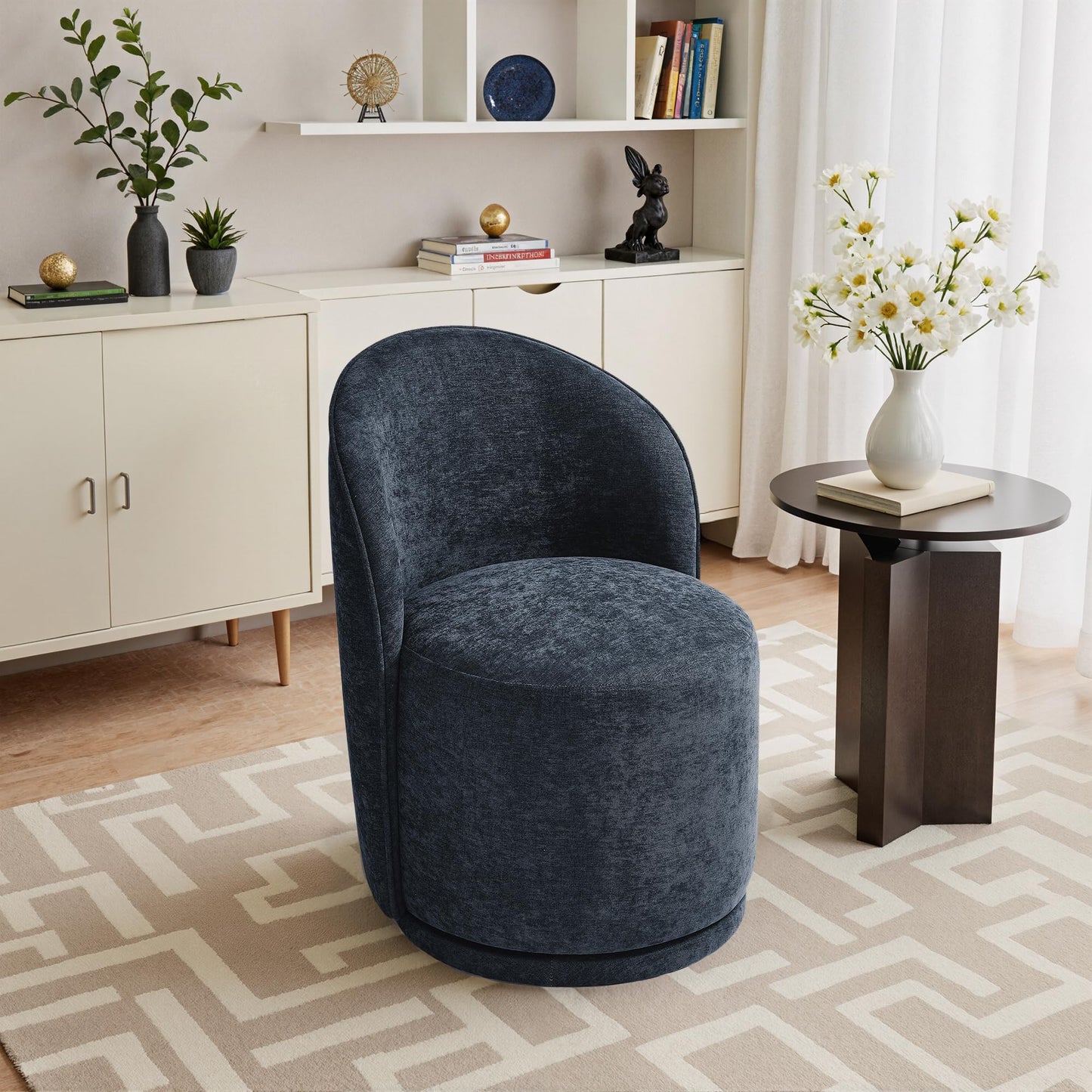 Swivel Barrel Dining Chairs Set of 2, Faux Leather Upholstered Round Dining Chairs, 360° Swivel Vanity Chair Comfy Armless Accent Makeup Chair for Dining/Living Room Makeup Room, Brown