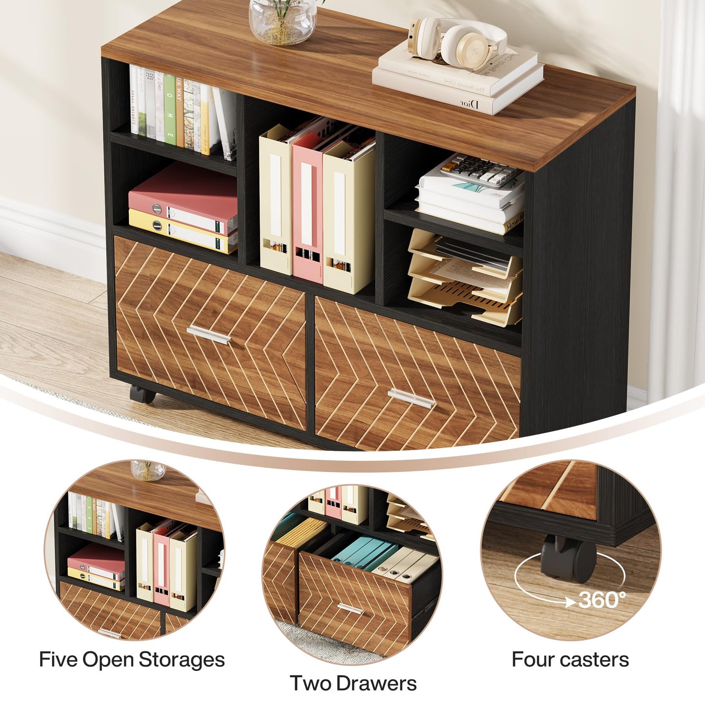 Tribesigns 2-Drawer Wood File Cabinet, Mobile Lateral Filing Cabinet for Hanging Letter Size Files, Printer Stand with Open Storage Shelves for Home Office (Oak Karo & White)
