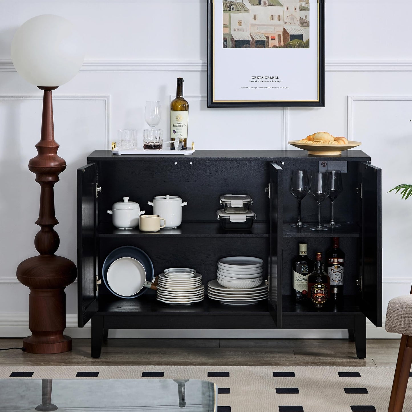 LKTART 40" Sideboard Buffet Accent Storage Cabinet with Carved Pattern Side Board Solid Wood Frame for Kitchen, Living Room, Entryway,Hallway (Blue+Brown)