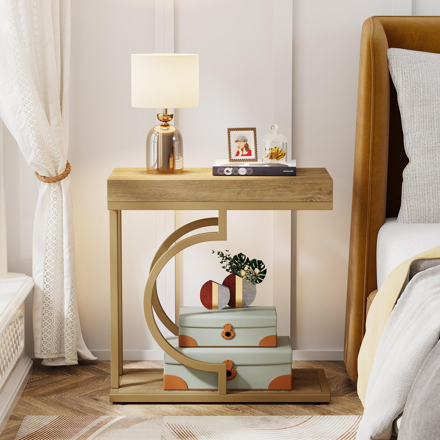 Tribesigns Narrow Side Table for Couch, C Shaped End Table with Metal Frame, Modern Bedside Tables, Small Sofa Tables for Small Spaces, Living Room (1, Brown+Black)
