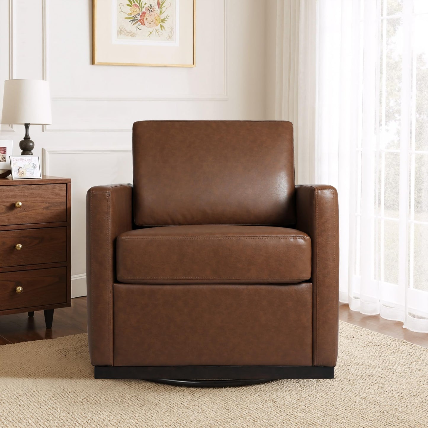 Faux Leather Swivel Accent Chairs Set of 2, 360° Swivel Upholstered Club Armchairs for Living Room, 31" Wide Square Single Sofa Reading Chair with Deep Seat, Metal Swivel Base, Navy