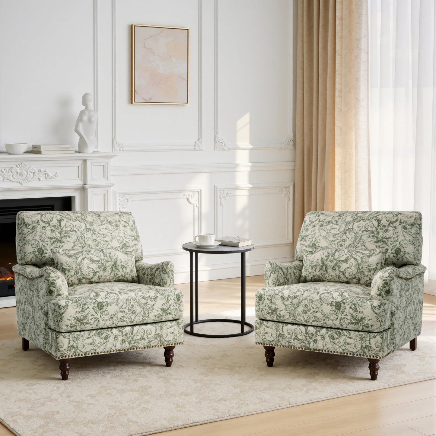Accent Chair for Living Room, Upholstered Armchair with Nailhead Trim & Solid Wood Legs, Mid Century Modern Club Chair for Bedroom/Reading Room, Rococo Green